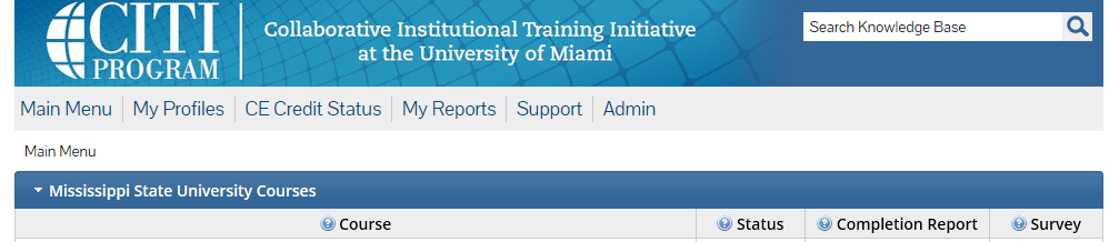CITI Training web site header navigation